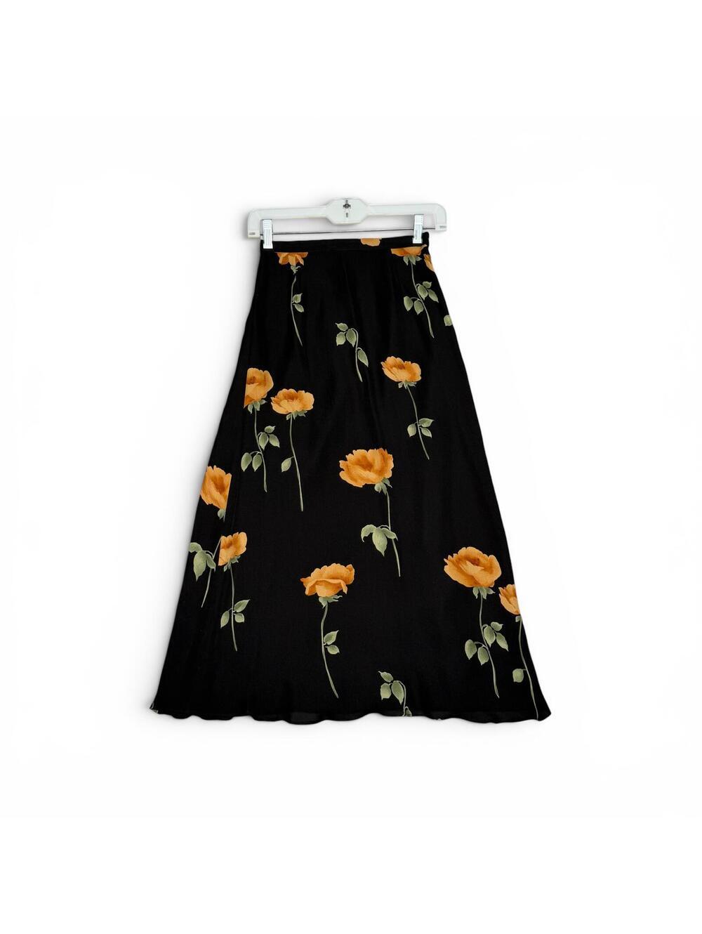 Vintage 90s Talbots Petites Black Silk Floral Whimsigoth Maxi Skirt Size 2